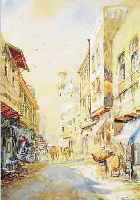 JANOWITZ, P. H., ORIENTALIST DES 19./20. JH., STRASSENSZENE MIT PERSONEN- STAFFAGE UND KAMELEN, AQUARELL AUF GELBLICHEM KARTON, ...