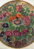 UNBEK. KüNSTLER DES 19. JH., FEIN GEMALTES STILLEBEN MIT ROSEN, STIEFMüTTERCHEN, MALVEN ETC., DURCHMESSER CA. 43 CM, R., HINTERGLAS- MALEREI