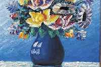 VON AMBERG, E., 1. HäLFTE 20. JH., BLUMEN INBLAUER VASE, ÖL/HARTFASER (SORGF. REST.), SIGN., 33 X 39 CM, R.
