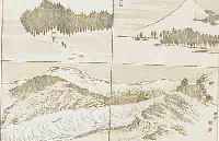 HOKUSAI, 4 DOPPELSEITEN AUS VERSCHIEDENEN MANGWA-BüCHERN: KüSTENLANDSCHAFTEN, MOUNT FUJI, TEMPELDARSTELLUNG; FARBHOLZSCHNITTE IN ZARTEN ...