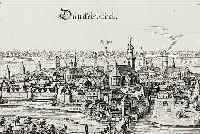 KONVOLUT VON 2 BLATT MIT DINKELSBüHL, 1.) KUPFERSTICH V. M. MERIAN, CA. 1650, GA DüNCKELSBüHL, TADELLOSES EXEMPLAR OHNE SICHT- BAREN ...