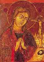 IKONE, RUSSLAND, 18. JH., , MUTTER GOTTES VOR DEM KREUZ, TEMPERA AUF HOLZ,STARKE ALTERSSPUREN, CA. 31 X 23 CM