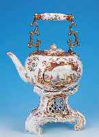 TEEKANNE AUF STöVCHEN, HELENA WOLFSOHN, UM 1890, PORZELLAN, H. 38 CM, SEHR SCHöNE BEMALUNG, ZWEI KAUF- ...