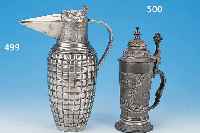 HENKELKRUG, W. LESSEL, DORTMUND, UM 1896, ZINN, H. 22.5 CM, DARST. RATHAUS UND GILDENHAUS, WOHL ...