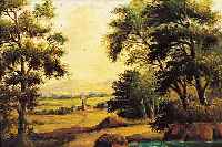 UNBEKANNTER MALER, 1. HäLFTE 19. JH., ROMANTISCHE LANDSCHAFT MIT DORFANSICHT, ÖL/HOLZ, CA. 25 X 28 CM, R.