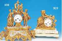 PENDULE, FRANKREICH, UM 1860/70, SPRITZGUß- GEHäUSE MIT ALTER VERGOLDUNG UND ALABASTER- EINLAGEN, FIGURENBEKRöNUNG EINES MARITIMEN PAARES, ...