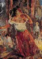WANSCHAP, HELMUT, 1911 - 1987, TANZENDE ZIGEUNERIN AM LAGERFEUER, ÖL/MALKAR- TON, LI. U. SIGN., CA. 65 X 50 CM, R.