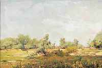 FIEDLER, HANS, GEB. 1903 DUISBURG, DüSSELDORFER SCHULE, WEITE LANDSCHAFT MIT DORF IM HINTERGRUND, ...