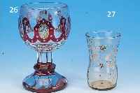 POKALGLAS, BöHMEN, UM 1900, , FARBLOSES GLAS,TEILWEISE RUBINIERT UND GELB GEBEIZT, GESCHNITTEN UND GESCHLIFFEN, H.16CM