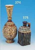 VASE, METTLACH, UM 1890-1893, STEINZEUG, REICH RELIEFIERTER DEKOR, BUNT STAFFIERT, H. 33 CM