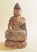 BUDDHASKULTUR, CHINA, 18./19. JH., HOLZ GESCHNITZT, AUF DOPPELTEM LOTUSTHRON, RESTE BUNTER FARBFASSUNG, LEICHT BESCH., H. CA. 74 CM