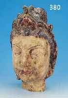 KOPF EINES BUDDHA, CHINA, 20. JH., HOLZ GESCHNITZT, BUNTE FARBFASSUNG, LEICHT BESCH., H. CA. 38 CM