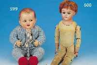CELLULOIDKOPF-BABY, KäMMERER & REINHARD, BLAUE PAPERWEIGHT-SCHLAFAUGEN, MODELLIERTES HAAR, MISCHMASSEKöRPER, H. CA. 45 CM