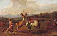 UNBEKANNTER MALER, DEUTSCH, UM 1770-80, FALKNER MIT GEFOLGE UND JAGDHUNDEN AUF DEM FELD, ÖL/LWD (REST.), UNSIGN., CA. 31 X 38 ...