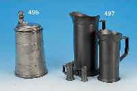 7 MEßBECHER, DEUTSCH, ENDE 19. JH., ZINN, VERSCH. GRößEN 1 CENTILITER BIS 1 LITER, ALTERSSCHäDEN, L. VERBEULT, L. KORR.
