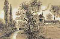 CALAMé, ALEXANDRE, 1843-1919, LANDSCHAFT MIT GEHöFT AM BACHLAUF, BLEISTIFT- ZEICHNUNG AUF PAPIER, GEBRäUNT, SIGNIERT UND DAT. ...