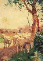 MEURS, HARMEN, 1891-1964, HIRTE MIT SEINEN SCHAFEN AUF EINEM WEG AM BACHLAUF, AQUARELL/PAPIER, RE. U. SIGN., CA. 54 X 35 ...