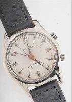 GALLET & CO ARMBANDWECKER, SCHWEIZ UM 1964, EDELST., BODEN GESCHR., ORIG.-BLATT FARBL. GET., 17 ST., HANDAUFZUGKAL. VON AS, GEH.- U. WECKWERK ...