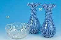 VASENPAAR, ITALIEN, 30ER JAHRE, FARBL. GLAS,BLAUER U. WEIßER SPIRALDEKOR, ZWISCHEN DEN SCHICHTEN, AUSGEZOGENER U. ACHTFACH GEWELLTER RAND, H. 25 ...