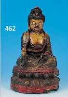 BUDDHASKULPTUR, MING-DYNASTIE, CHINA, UM 1580-1600, BRONZE BUNT GEFAßT, H. 29 CM L. BESCH.