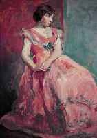 SPIELBERG, HERTHA, *1890 ALTONA, ÖL/LWD. (MIN. BESCH.), 82 X 65 CM, STEHENDE JUNGE FRAU IN ROSEFAR- BENEM ...