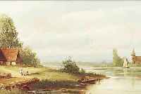 VERMEULEN, NOEL, *1917 - 1989, HOLLäNDISCHERTRADITIONALIST IN ALTMEISTERLICHER ART, HIER: SOMMERLICHE FLUSSLANDSCHAFT MIT KIRCHE UND ...