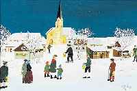 WAHL, JOSEF, NAIVER BERLINER KüNSTLER, HIER: AUF DEM WEG ZUR CHRISTMETTE IN WINTER- LICHEM DORF, ÖL/LWD., SIGN. U. DAT. (19)76, 30 X 40 ...