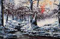 ALBERT, BELGISCHER LANDSCHAFTSMALER MITTE 20. JH., HIER: ABENDSONNE üBER WINTERLICHEM WALD MIT BACH, ÖL/LWD., SIGN., 60 X 90 CM, R.