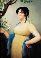 KüNSTLER, UM 1830, FRAU IM GELBLICHEN KLEID MIT BLUMEN IN DER HAND, ÖL/LWD., VERSO BEZ., 96 X 71 CM, R.