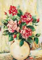 BRAUN, HEINRICH, *1893 KARLSRUHE, MALER, MODELLEUR UND RAUMKüNSTLER, WAR DIREKTOR DER FAYENCEFABRIK KARLSRUHE, HIER: ROTE ROSEN IN KUGELVASE, ...