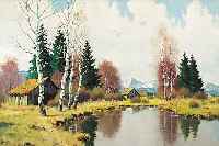 SCHAETTE, KARL, *1884 CORBACH - 1951 MüNCHEN, BAUMBESTANDENER BERGSEE IN VORALPENLANDSCHAFT,ÖL/LWD., ...