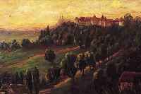 UNBEK. KüNSTLER D. 19./20. JH., WOHL SüD- DEUTSCH, ABENDLICHER HIMMEL üBER SCHLOSS AUF BEWALDETEM HüGEL, ÖL/MALKARTON, UNSIGN., 35 X 49 ...