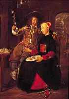 UNBEK. KüNSTLER DES 19. JH., NACH äLTEREM VOR-BILD, LANDSKNECHT UND MäDCHEN AM TISCH, FEINE MALEREI, ÖL/LWD. (L. ALTERSSPUREN), 36 X 31 ...