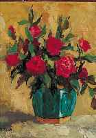 UNBEK. KüNSTLER, UM 1920, ROSENSTILLEBEN IN GRüNER VASE, ÖL/HARTFASER, UNLESERLICH SIGN., VERSO AUFKLEBER EINER FULDAER GALERIE, 54 X 50 ...