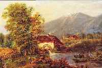 UNBEKANNTER KüNSTLER, UM 1860, ÖL/LWD., 28 X 37 CM, MüHLE AM BACH, MIT ANGLER, VORALPENLANDSCHAFT, L. ALTERS- SPUREN, ...