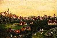 UNBEKANNTER KüNSTLER, 19. JH., ÖL/LWD., 26,5 X 34 CM, IDEAL. MITTELALTERLICHE STADT MIT BIEDERMEIERPAAR UND GäNSELIESEL, NAIVE MALEREI