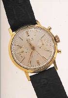 BWC ARMBANDCHRONOGRAPH, REF.-NR. 905002, SCHWEIZ UM 1962, METALL VERG., EDELST.-BODEN GESCHR., 45 MIN.-STOPPZäHLER, AUßER LEDERB. ...