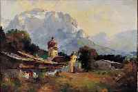 MüLLER-SCHWABEN, 1879 MAIN - MüNCHEN, ÖL/LWD., 50 X 70 CM, KL. ALPENDORF, SIGNIERT, R.