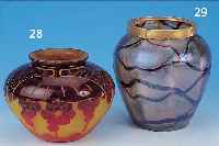 VASE, SCHNEIDER, 30ER JAHRE, FARBLOSES GLAS, GELB EINGEPUDERT, H. 13 CM, D. 17 CM, ROT ...