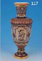 VASE, METTLACH, 1905, STEINZEUG, BUNT STAF- FIERT, VIER KARTUSCHEN MIT PUTTIDARSTELLUNGEN,REICHER RELIEF. RITZDEKOR, ABSTRAKT FLORAL, H.36 CM