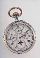 HERRENTASCHENUHR LEPINE, VOLLKALENDER, SCHWEIZ UM 1905, STAHLGEH. (KORROSION, TEILW. BER.), EMAILBL. M. GOLDPIQUETARBEIT, KORREK- TURDR. ...