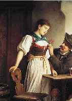 EPP, RUDOLPH, 1834 EBERBACH - 1910 MüNCHEN, ÖL/LWD., ROMANTISCHE SZENE IN BäUERLICHER STUBE, KAVALIER IN BAYRISCHER TRACHT STECKT EINER ...