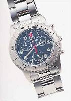 SWISS ARMBANDCHRONOGRAPH MILITARY, REF.- NR. 8377/01, SCHWEIZ UM 1998, METALL TEILW. POL., TEILW. SAT., EDELST.-BAND, LüNETTE RAST.EINS. ...