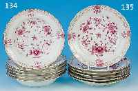6 TIEFE TELLER, MEISSEN, UM 1890, PORZELLAN, REICHER IND. PURPURDEKOR, GOLDRAND