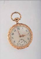 OMEGA DAMENTASCHEN/ANHäNGEUHR, REF.-NR. 1846663, SCHWEIZ UM 1910, RG 585/000, TIEFE RUNDUMGRAV., BODEN M. LAUBDEKOR, MONOGR.-SPIE-GEL FREI, ...