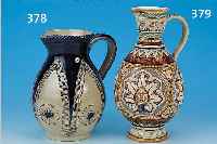 KRUG, METTLACH, UM 1890, STEINZEUG, REICHER RITZDEKOR, BUNT STAFFIERT, ABSTRAKT FLORALE VERZIERUNG, H. CA. 26 CM