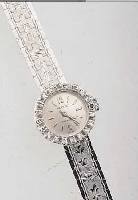 ROX DAMENGOLDBANDUHR, SCHWEIZ UM 1950, WG 750/000-GEH. RHOD., BANDGLIEDER SCHMUCK- GRAV., AUFWEND. LüNETTE M. 20 8/8 DIAMANTEN ZUS. CA. ...