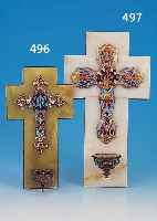 WEIHWASSERBECKEN, FRANKREICH, UM 1870, GRüNE ONYXPLATTE, BEHäLTER UND KREUZ BRONZE, BUNT EMAILLIERT IN GRUBENSCHMELZTECHNIK, H. CA. 27 CM