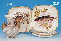 VIER ZIERTELLER, MEHLEM BONN, UM 1900-05, MAJOLIKA, BUNT DEKORIERT MIT VERSCHIEDENEN FISCHMOTIVEN, GOLDSTAFFAGE, JE CA. 21 X 21 CM