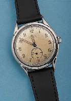 ETERNA HERRENARMBANDUHR AUTOMATIK, SCHWEIZ UM 1948, EDELST., BODEN GESCHR., VERS. BLATT L. FL., AUßER LEDERB. ORIG.-ZUSTAND, SOGEN. ...